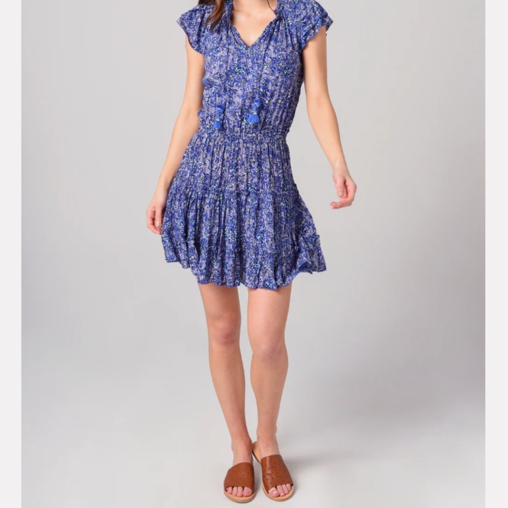 Poupette St. Barth Ruffled Nava Mini Dress in Blue Amarylis size Medium, NWOT